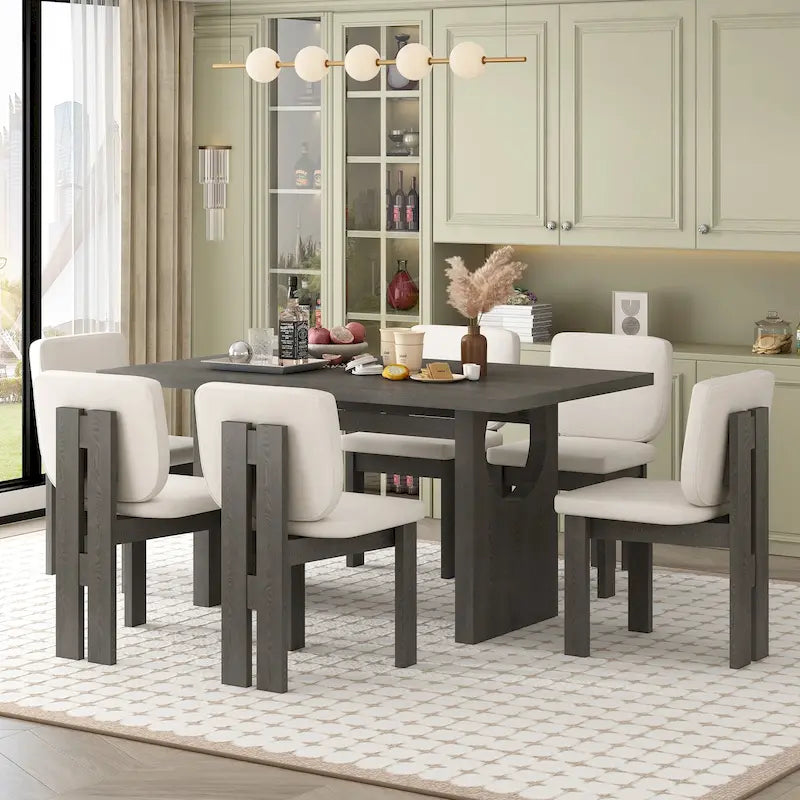 Set da Pranzo da 7 Pezzi, Set Tavolo da Cucina in Legno Massello con Tavolo Rettangolare, Base a Cavalletto e 6 Sedie Imbottite