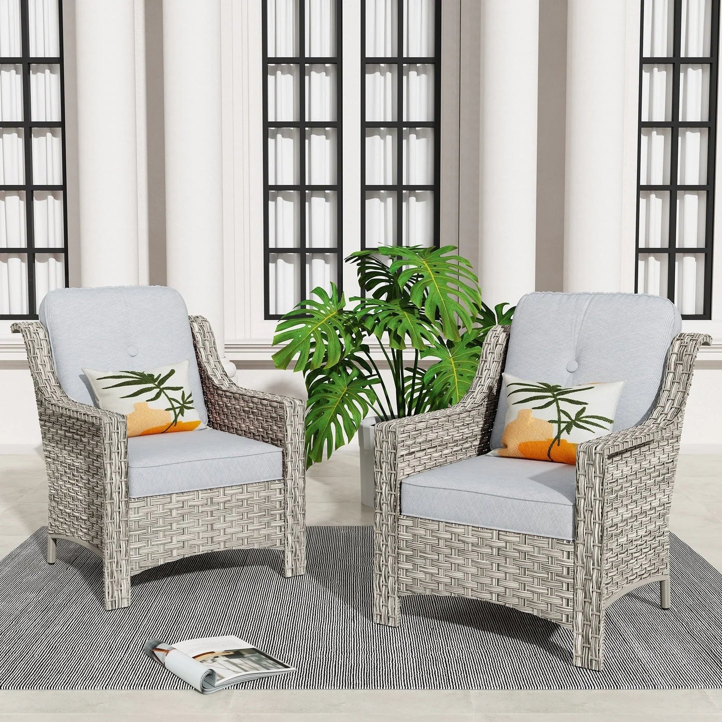 HOOOWOOO, Set di 2 Sedie da Esterno in Rattan Intrecciato con Schienale Alto