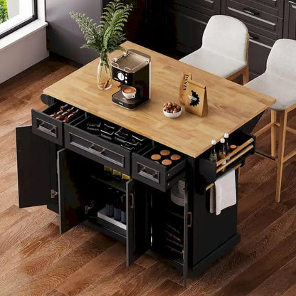 54 - Grande isola cucina con anta a ribalta in legno di gomma, carrello da cucina scorrevole con texture in rilievo su 4 ruote con 4 ante e 3 cassetti