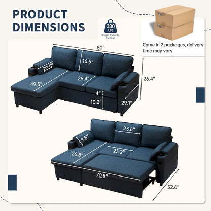 Divano letto a L da 80", Divano letto a scomparsa, Divano letto convertibile con penisola reversibile
