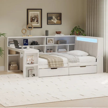 Divano Letto a "L" in Legno con Scrivania, Mobile Libreria, Letto Angolare con Cassetti Sottostanti, Testiera Imbottita con Luce Integrata
