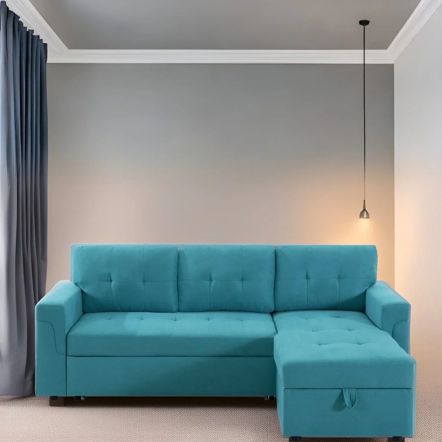 Divano componibile convertibile reversibile con letto estraibile, chaise longue con contenitore nascosto e gambe durevoli