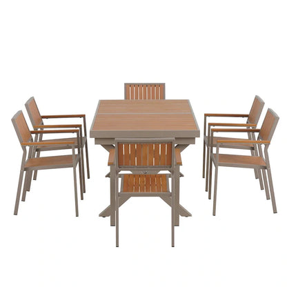 Set da pranzo da esterno allungabile a 7 pezzi con tavolo allungabile e 6 sedie con braccioli