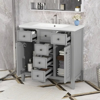 Mobile bagno con lavabo in ceramica, due ante e cinque cassetti