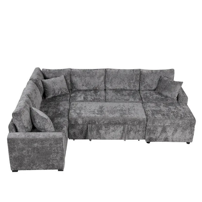 Divano sezionale in ciniglia con letto estraibile, divano letto a L con pouf contenitore, 3 cuscini e dispositivi di ricarica