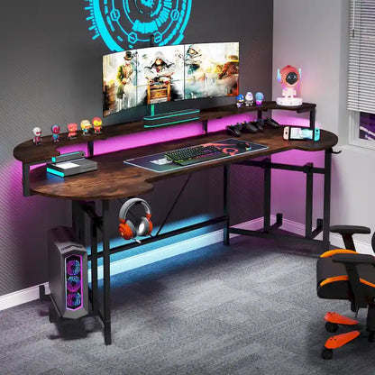 Scrivania da Gaming con Ripiano Monitor, Scrivania per PC Computer da 75 Pollici con Striscia LED
