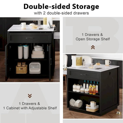 Îlot de cuisine en bois de 210 cm pour 4 à 6 personnes avec table à manger extensible et rangement double.
