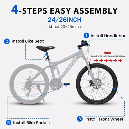 Mountain bike Okak 26" con freni a disco, bici per adulti a 21 velocità con telaio durevole e doppia sospensione posteriore, bicicletta per ciclismo urbano