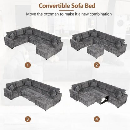 Divano sezionale in ciniglia con letto estraibile, divano letto a L con pouf contenitore, 3 cuscini e dispositivi di ricarica