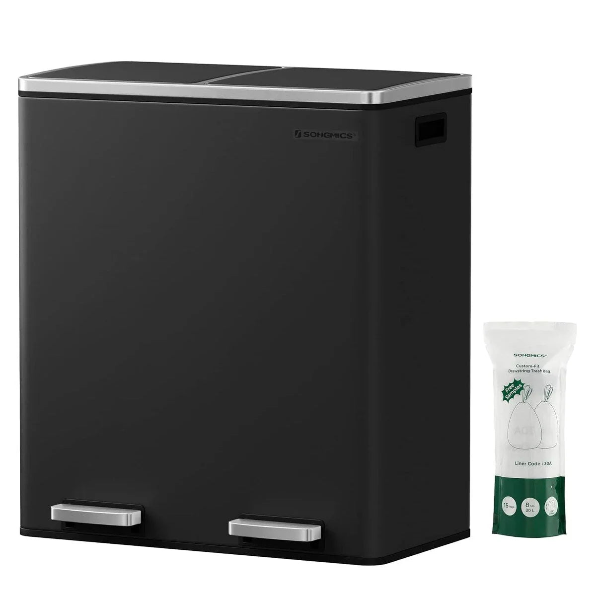 SONGMICS Pattumiera Doppia, 60L (2 x 30L) Cestino per la Raccolta Differenziata in Acciaio Inossidabile, Nero