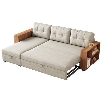 Divano Sezionale Convertibile con Letto Estraibile e Chaise Longue Contenitore Nascosto
