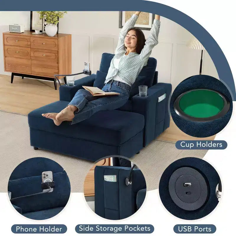Divano letto Chaise Lounge con pouf contenitore mobile, seduta profonda