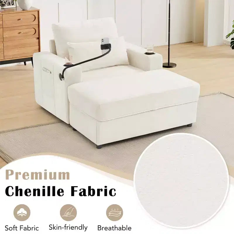 Divano letto Chaise Lounge con pouf contenitore mobile, seduta profonda