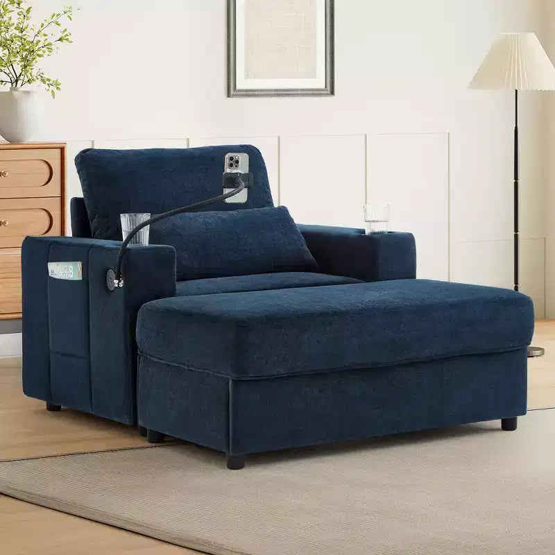 Divano letto Chaise Lounge con pouf contenitore mobile, seduta profonda