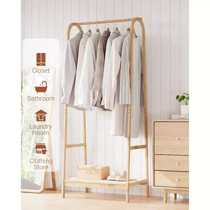 Appendiabiti con Ripiano, Appendiabiti Autoportante in Bambù per Camera da Letto, Balcone, Negozio di Vestiti, Organizzatore per Vestiti, Legno