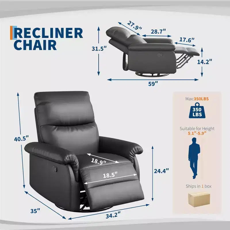 Poltrona reclinabile manuale, girevole a 360° con funzione dondolo e braccioli imbottiti