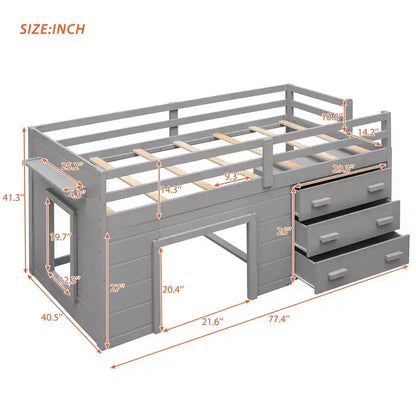 Letto a soppalco basso con contenitore per bambini, letto a soppalco singolo in legno con armadio e mensola per bambine e bambini