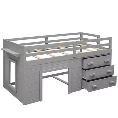 Letto a soppalco basso con contenitore per bambini, letto a soppalco singolo in legno con armadio e mensola per bambine e bambini