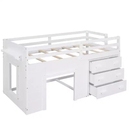 Letto a soppalco basso con contenitore per bambini, letto a soppalco singolo in legno con armadio e mensola per bambine e bambini