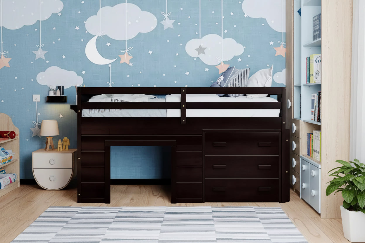 Letto a soppalco basso con contenitore per bambini, letto a soppalco singolo in legno con armadio e mensola per bambine e bambini