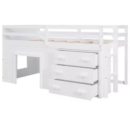 Letto a soppalco basso con contenitore per bambini, letto a soppalco singolo in legno con armadio e mensola per bambine e bambini