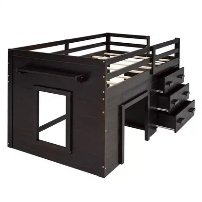 Letto a soppalco basso con contenitore per bambini, letto a soppalco singolo in legno con armadio e mensola per bambine e bambini