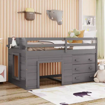 Letto a soppalco basso con contenitore per bambini, letto a soppalco singolo in legno con armadio e mensola per bambine e bambini