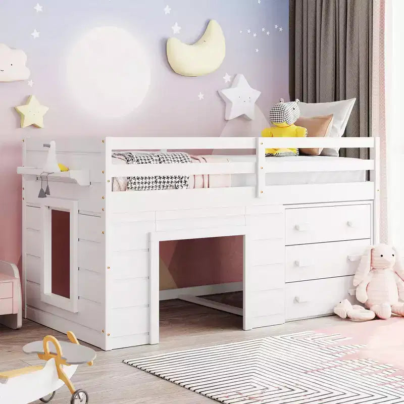 Letto a soppalco basso con contenitore per bambini, letto a soppalco singolo in legno con armadio e mensola per bambine e bambini