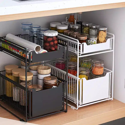 Organizzatore estraibile per armadio, cestelli in filo metallico a 2 livelli con cassetto scorrevole, cestelli in filo metallico scorrevoli in acciaio al carbonio per dispensa da cucina