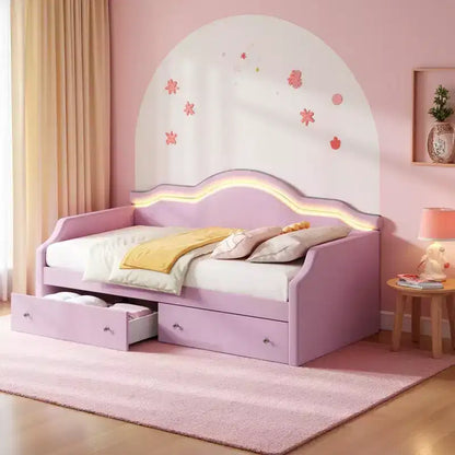 Divano letto in velluto per letto singolo/matrimoniale con striscia luminosa a LED controllabile tramite app e 2 cassetti