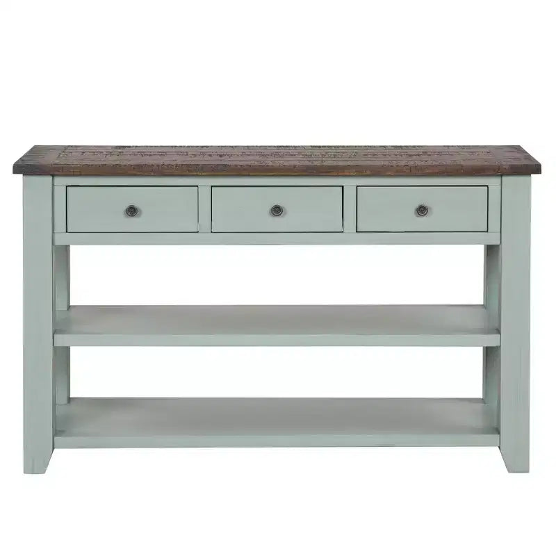 Consolle in legno massello da 122 cm con 3 cassetti e 2 ripiani, blu e marrone stile retrò
