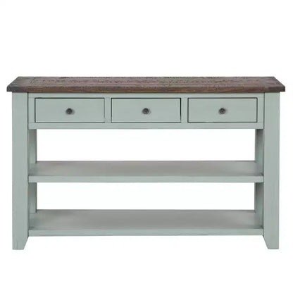 Consolle in legno massello da 122 cm con 3 cassetti e 2 ripiani, blu e marrone stile retrò