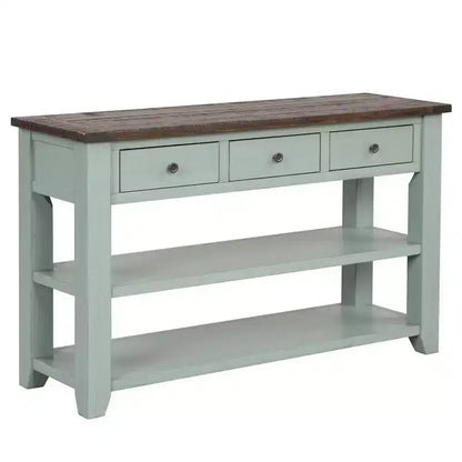 Consolle in legno massello da 122 cm con 3 cassetti e 2 ripiani, blu e marrone stile retrò
