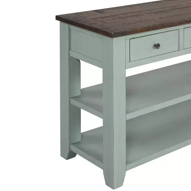Consolle in legno massello da 122 cm con 3 cassetti e 2 ripiani, blu e marrone stile retrò