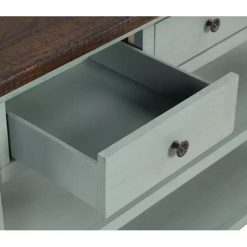 Consolle in legno massello da 122 cm con 3 cassetti e 2 ripiani, blu e marrone stile retrò