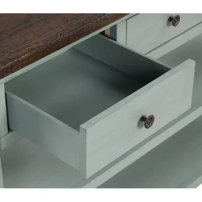 Consolle in legno massello da 122 cm con 3 cassetti e 2 ripiani, blu e marrone stile retrò