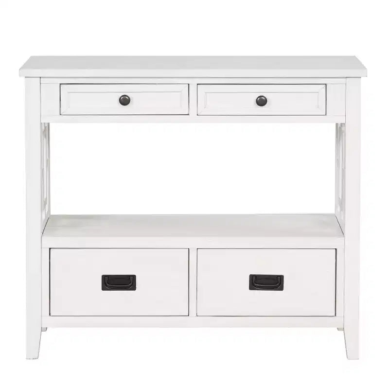 Tavolo consolle da 91 cm in legno stile rustico con 4 cassetti e 1 ripiano, bianco anticato