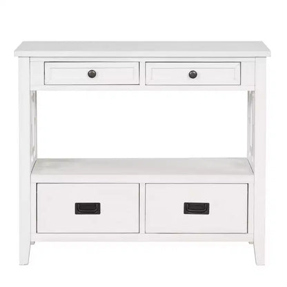 Tavolo consolle da 91 cm in legno stile rustico con 4 cassetti e 1 ripiano, bianco anticato