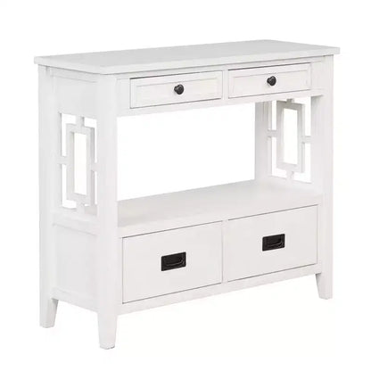 Tavolo consolle da 91 cm in legno stile rustico con 4 cassetti e 1 ripiano, bianco anticato