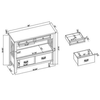 Tavolo consolle da 91 cm in legno stile rustico con 4 cassetti e 1 ripiano, bianco anticato