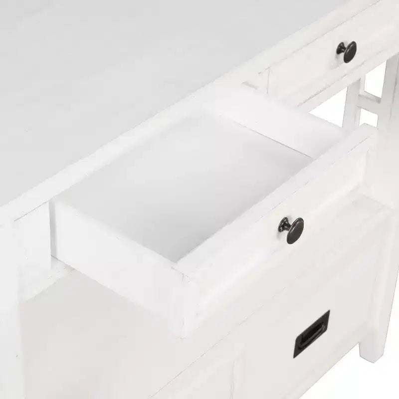 Tavolo consolle da 91 cm in legno stile rustico con 4 cassetti e 1 ripiano, bianco anticato