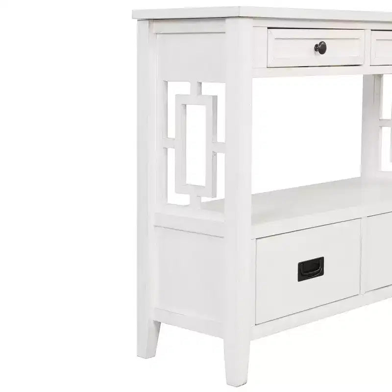 Tavolo consolle da 91 cm in legno stile rustico con 4 cassetti e 1 ripiano, bianco anticato
