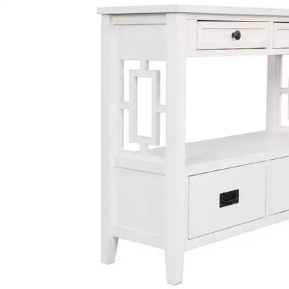Tavolo consolle da 91 cm in legno stile rustico con 4 cassetti e 1 ripiano, bianco anticato