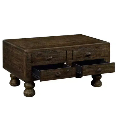 Tavolino da caffè in legno da 40" con 4 cassetti e gambe con decorazione a rivetti, color espresso