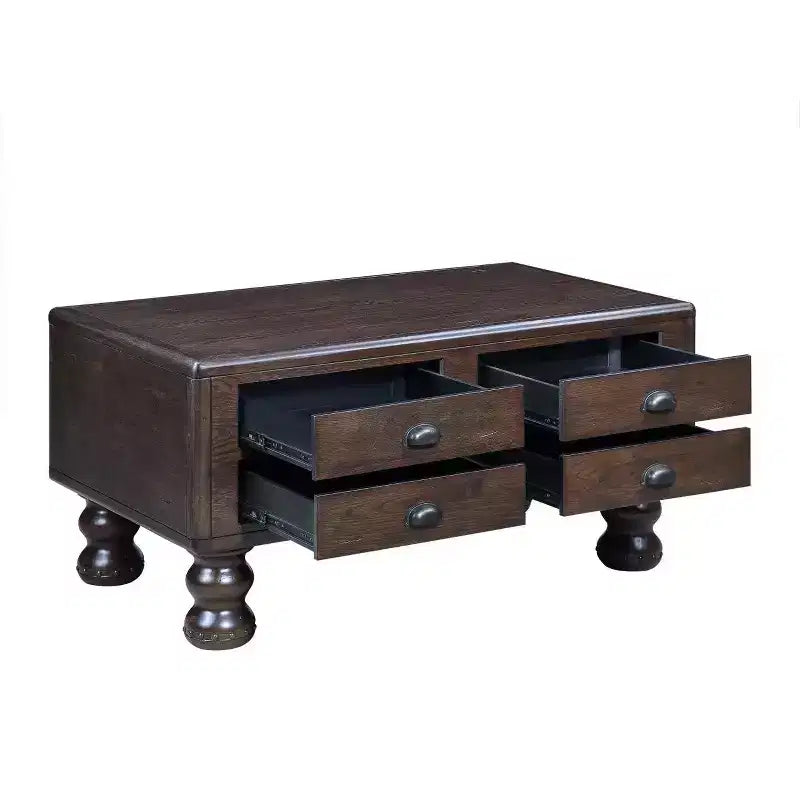 Tavolino da caffè in legno da 40" con 4 cassetti e gambe con decorazione a rivetti, color espresso