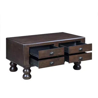 Tavolino da caffè in legno da 40" con 4 cassetti e gambe con decorazione a rivetti, color espresso
