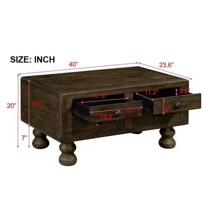 Tavolino da caffè in legno da 40" con 4 cassetti e gambe con decorazione a rivetti, color espresso