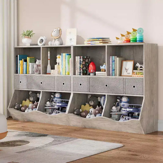 Acekool 7-Cubby Kids Toy Storage Organizer with Drawers, 3-Tier Bookcase Cabinet for Playroom, Living Room, School, 2-Pack, Gray