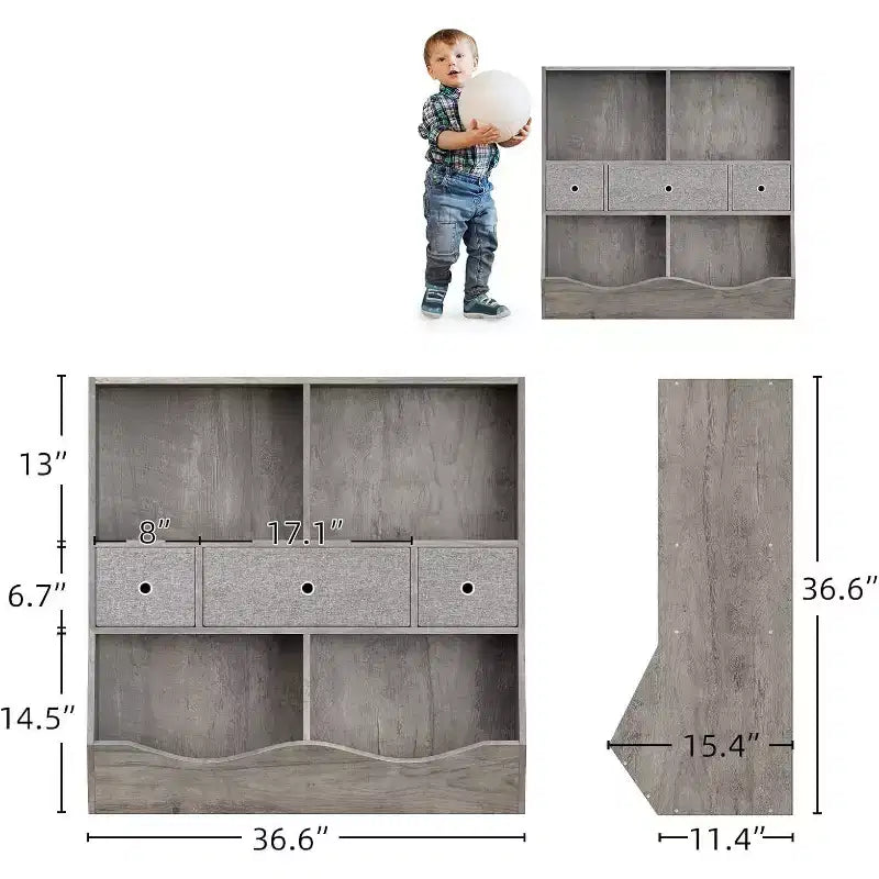 Organizzatore portagiochi per bambini a 7 scomparti con cassetti, libreria a 3 ripiani, grigio