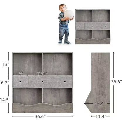 Organizzatore portagiochi per bambini a 7 scomparti con cassetti, libreria a 3 ripiani, grigio